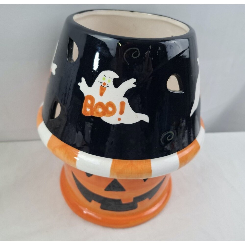 Ceramic Jack O Lantern Pumpkin Candle Holder With Shade Decor Halloween Luminary - Picture 2 of 11